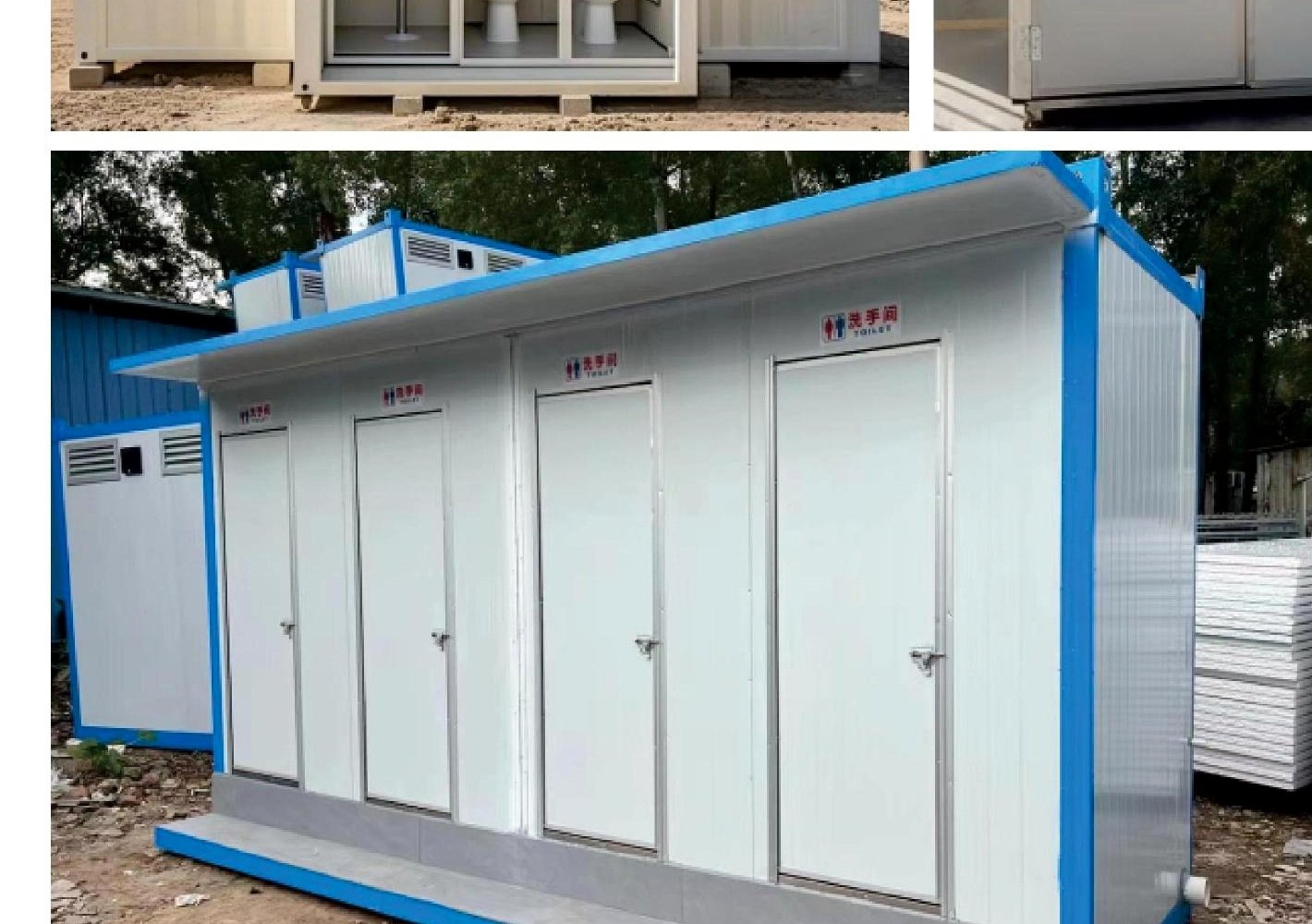 Multi-door portable restroom container for project and public use